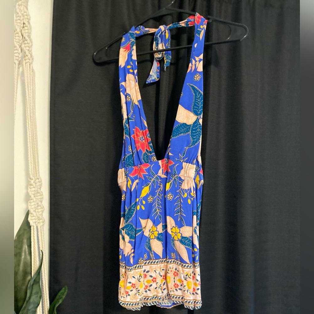 Forever 21 romper/bikini cover-up. Blue with pink/yellow flowers. Size small.